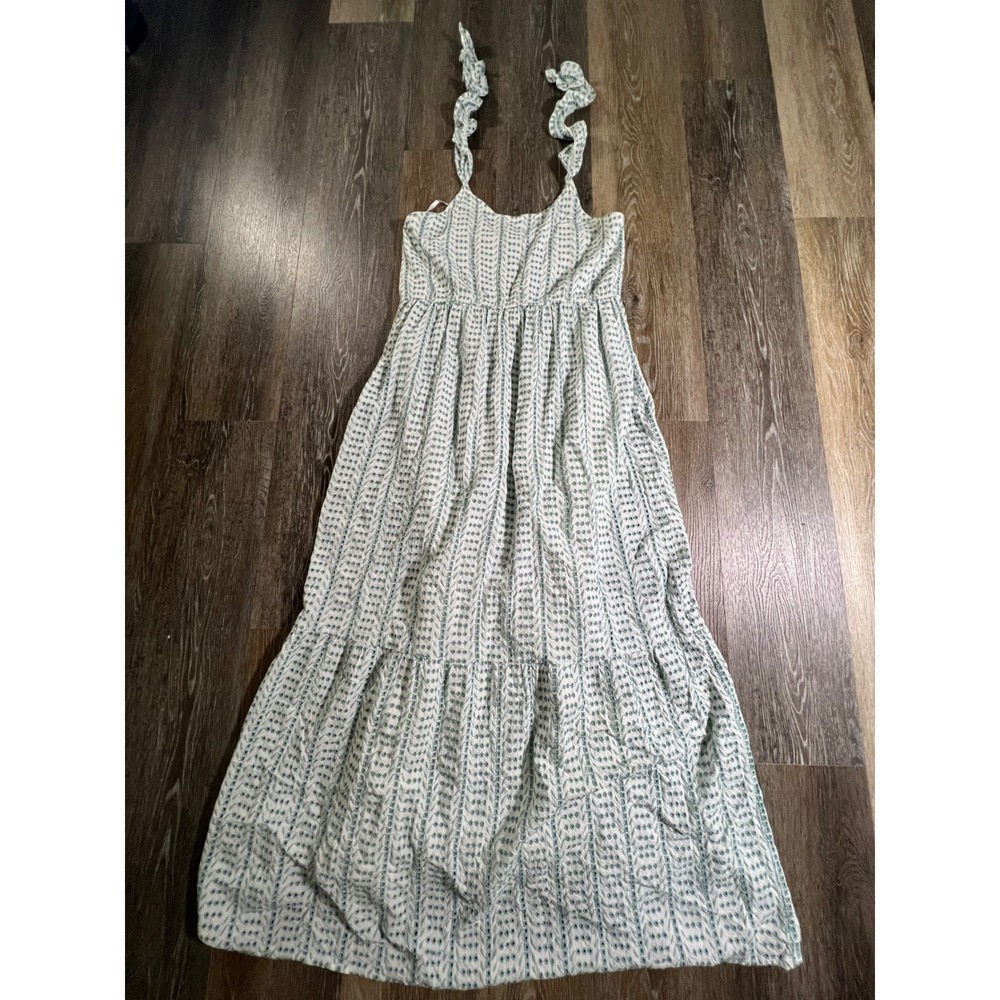 Jessica Simpson Maxi Dress Womens XL White Teal Embroidered Ruffle Tie Boho